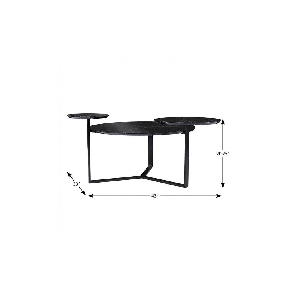 Black metal-frame coffee table with three circular tops; large center and two small side tops, 43in long, 20.25in high.