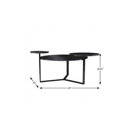 Black metal-frame coffee table with three circular tops; large center and two small side tops, 43in long, 20.25in high.