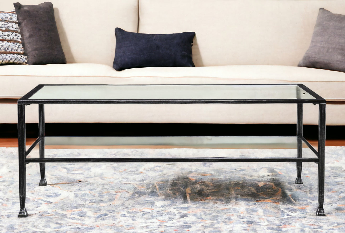 48" Black Glass And Metal Rectangular Coffee Table