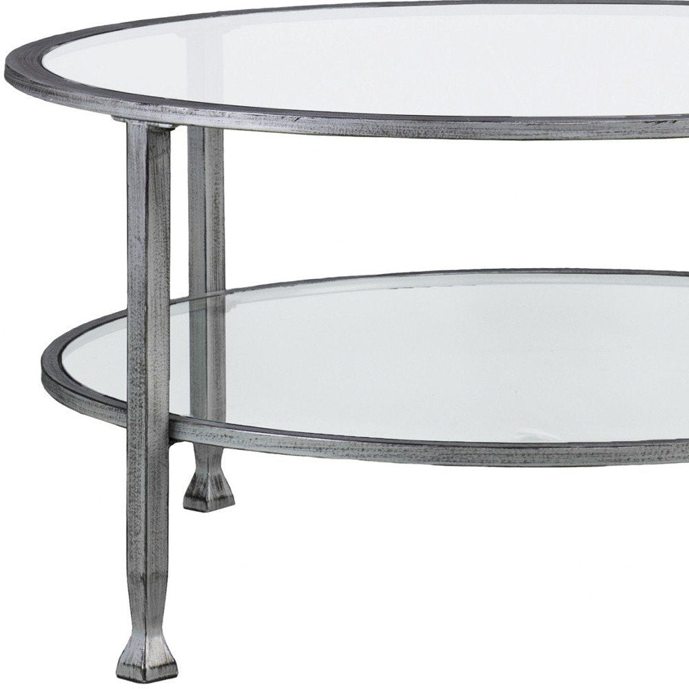36" Silver Glass And Metal Round Coffee Table