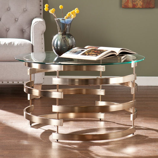 32" Clear And Champagne Glass And Metal With Iron Round Coffee Table