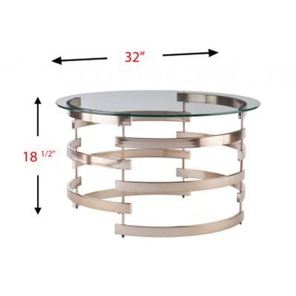 32" Clear And Champagne Glass And Metal With Iron Round Coffee Table