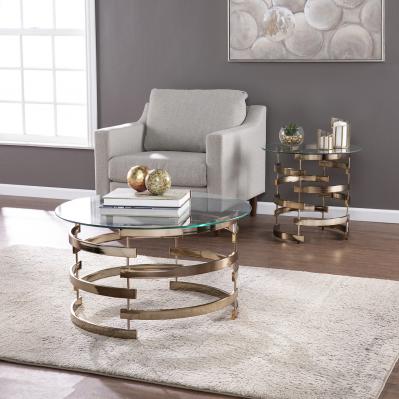 32" Champagne Glass And Metal With Iron Round Coffee Table