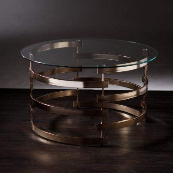 32" Champagne Glass And Metal With Iron Round Coffee Table