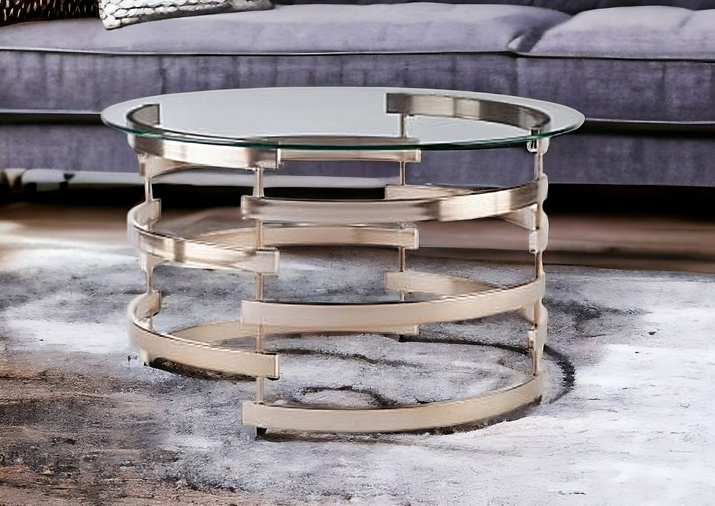 32" Champagne Glass And Metal With Iron Round Coffee Table