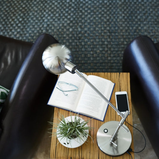 18" Nickel Metal Adjustable Swing Arm LED Desk Lamp With USB