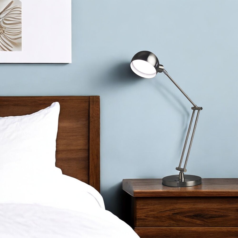 18" Nickel Metal Adjustable Swing Arm LED Desk Lamp With USB