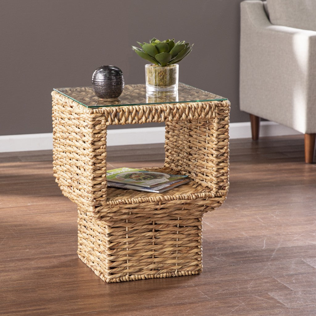 23" Brown And Clear Glass And Rattan Wicker Square End Table