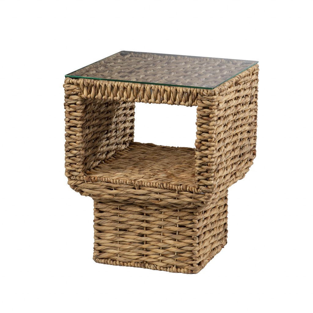 23" Brown And Clear Glass And Rattan Wicker Square End Table