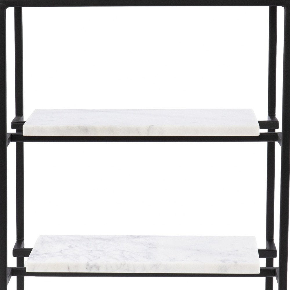 24" Black Glass and Marble Rectangular End Table With Two Shelves