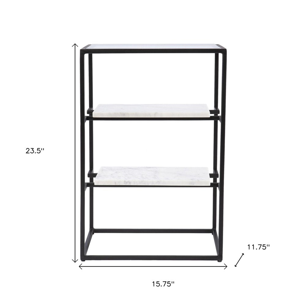 24" Black Glass and Marble Rectangular End Table With Two Shelves