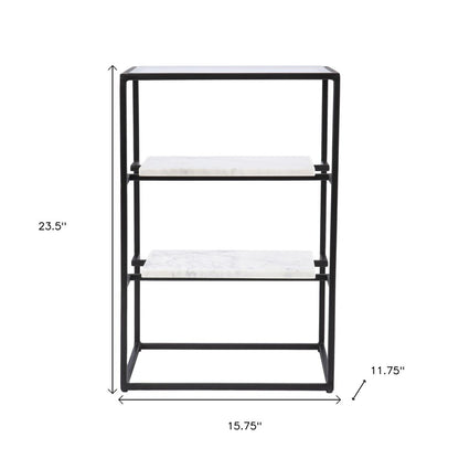 24" Black Glass and Marble Rectangular End Table With Two Shelves
