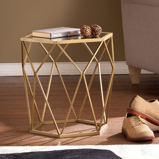 19" Gray And Gold Mirrored Glass And Iron Hexagonal Frame End Table