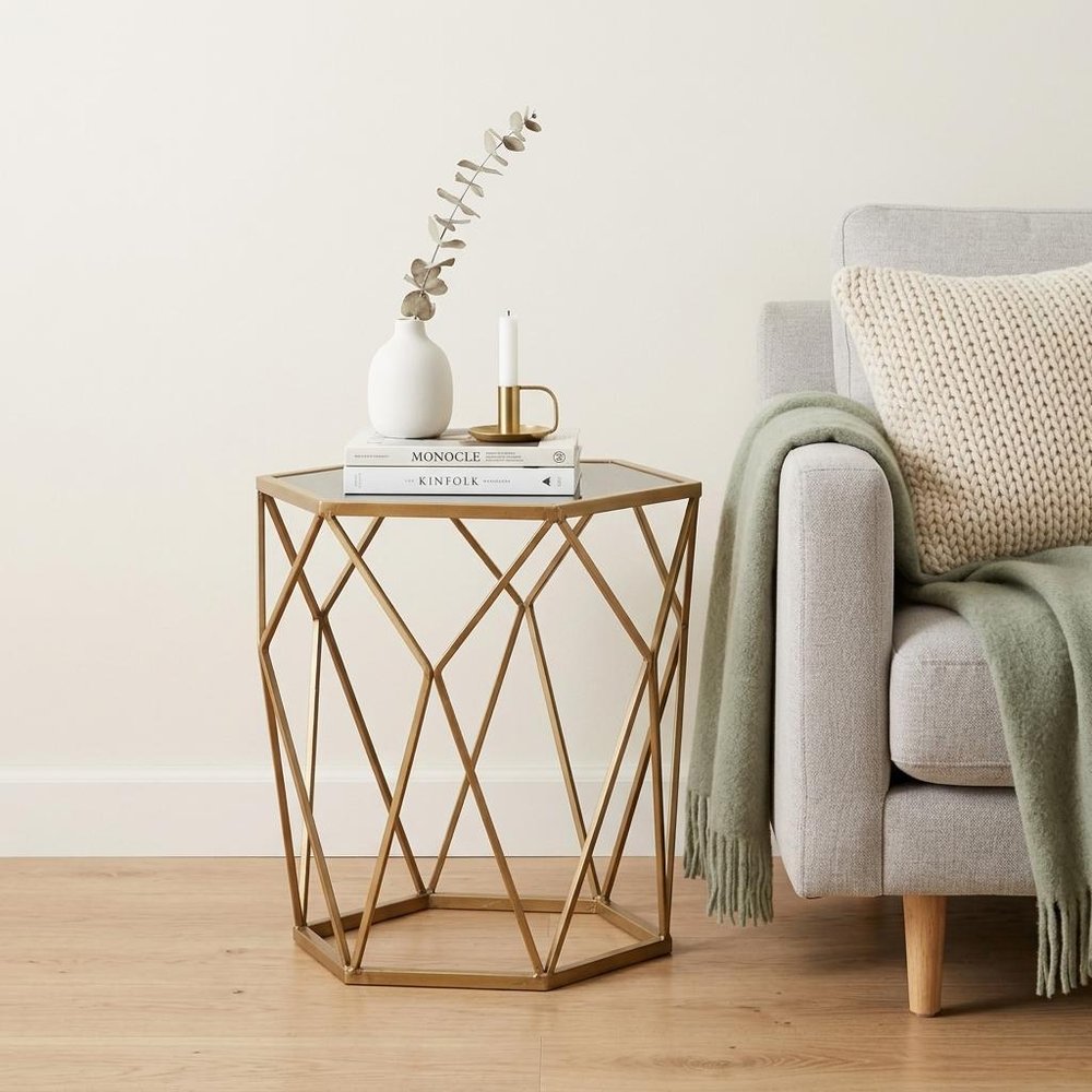 19" Gold And Reflective Glass Hexagon Mirrored End Table