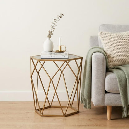 19" Gold And Reflective Glass Hexagon Mirrored End Table