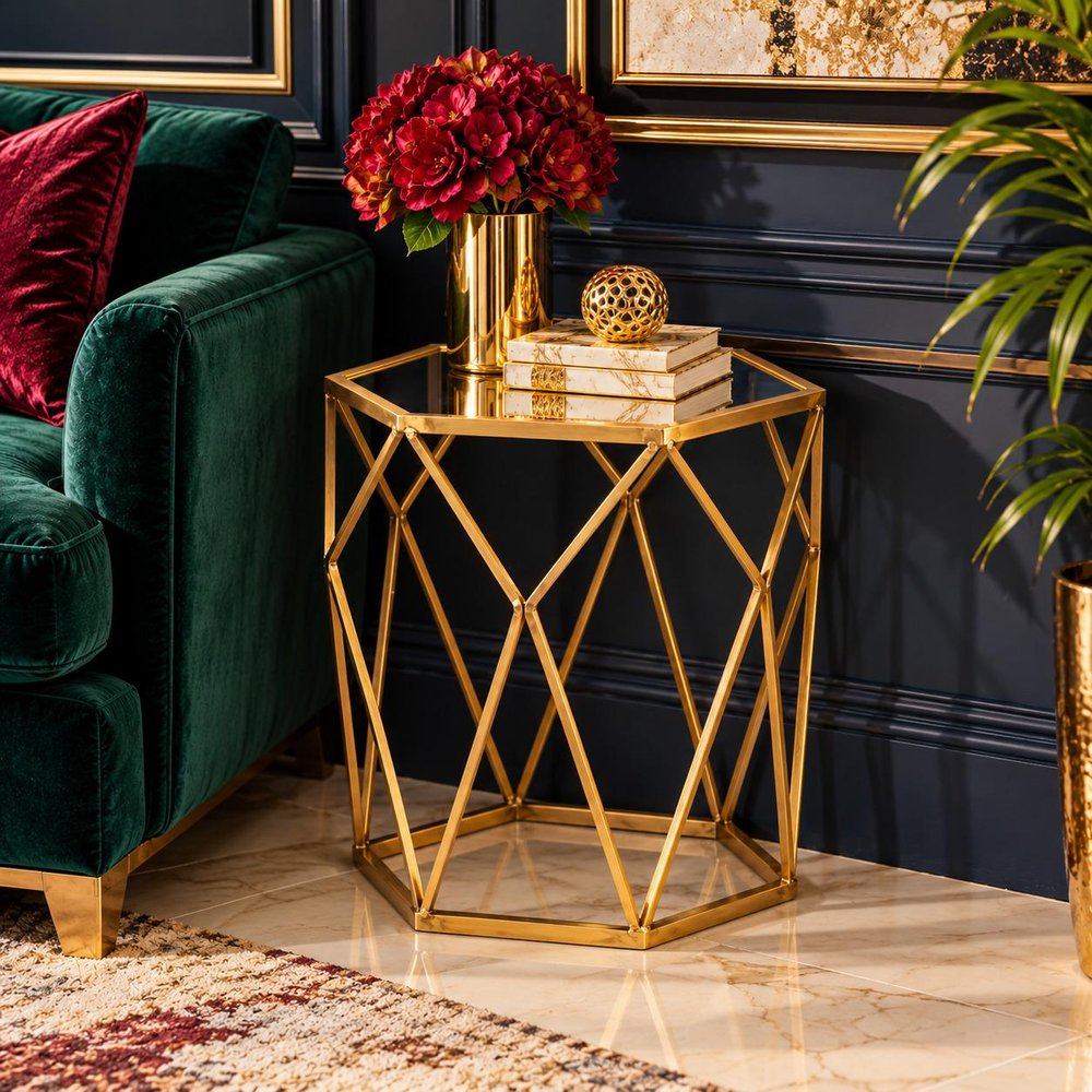19" Gold And Reflective Glass Hexagon Mirrored End Table