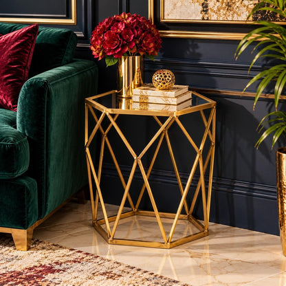 19" Gold And Reflective Glass Hexagon Mirrored End Table