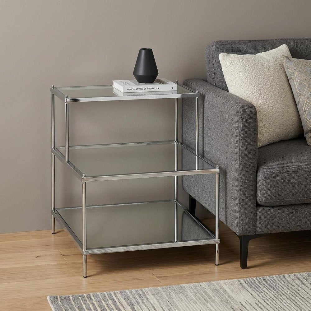 24" Clear And Silver Mirrored Glass And Iron End Table With Two Shelves