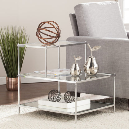 24" Clear And Silver Mirrored Glass And Iron End Table With Two Shelves