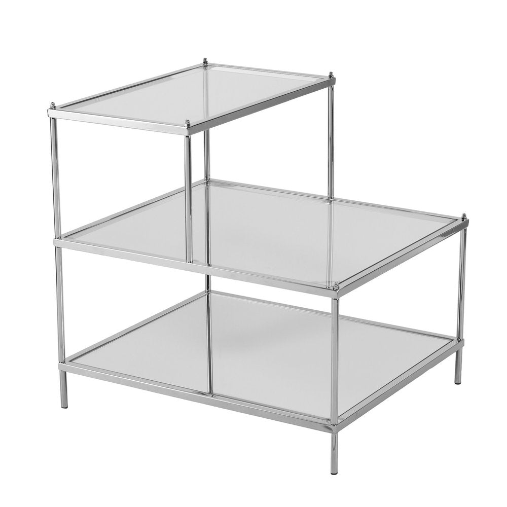 24" Clear And Silver Mirrored Glass And Iron End Table With Two Shelves