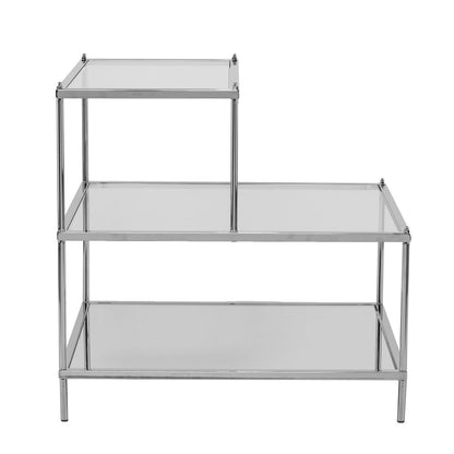 24" Clear And Silver Mirrored Glass And Iron End Table With Two Shelves