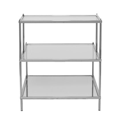 24" Clear And Silver Mirrored Glass And Iron End Table With Two Shelves