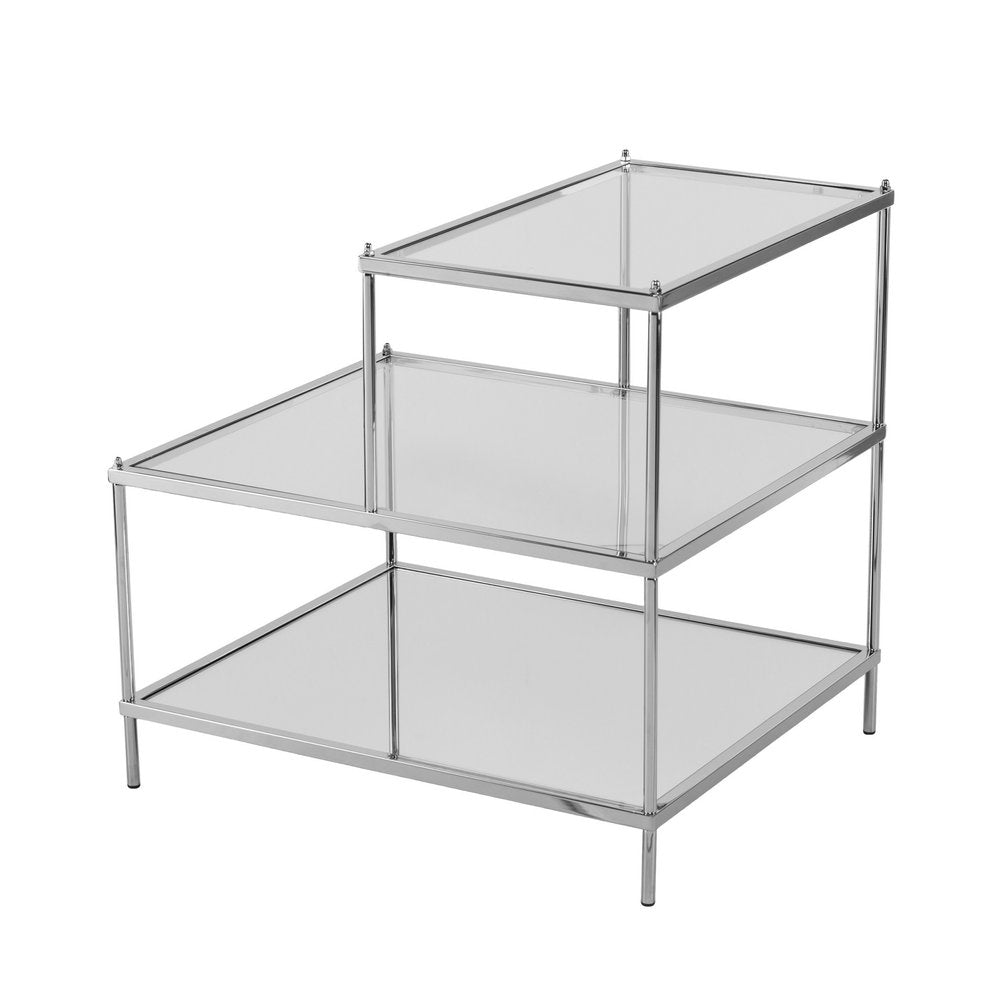 24" Clear And Silver Mirrored Glass And Iron End Table With Two Shelves