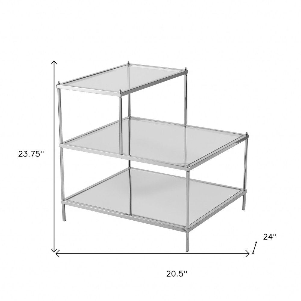 24" Clear And Silver Mirrored Glass And Iron End Table With Two Shelves