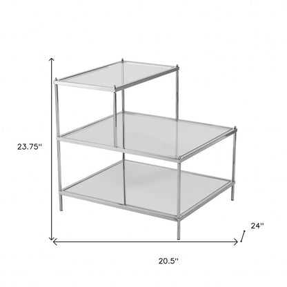 24" Clear And Silver Mirrored Glass And Iron End Table With Two Shelves
