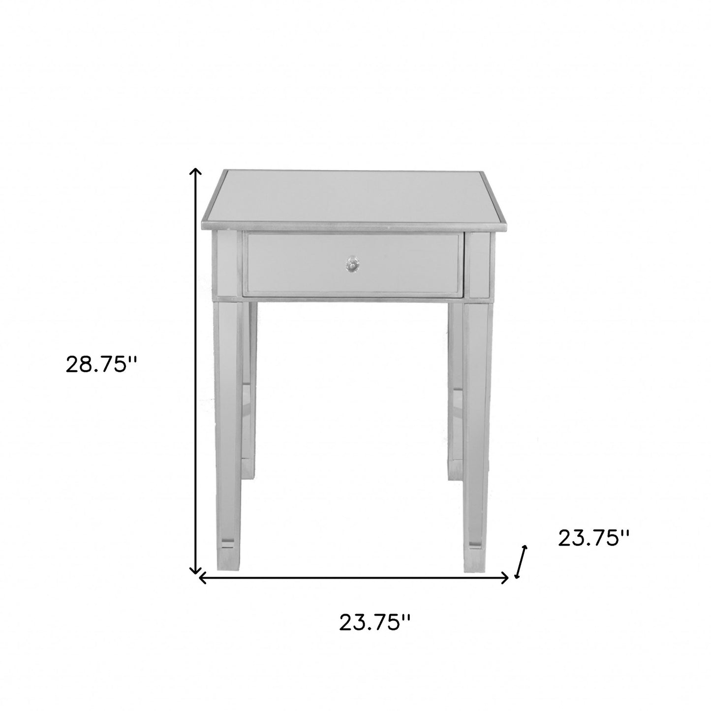 29" Silver And Reflective Glass Square End Table With Drawer