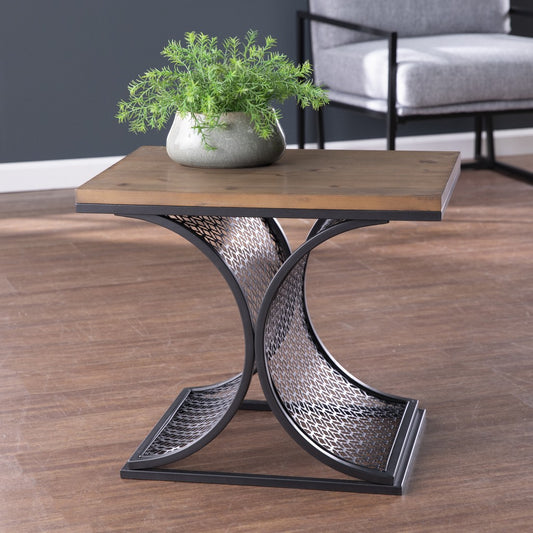 19" Black And Brown Wood And Iron End Table