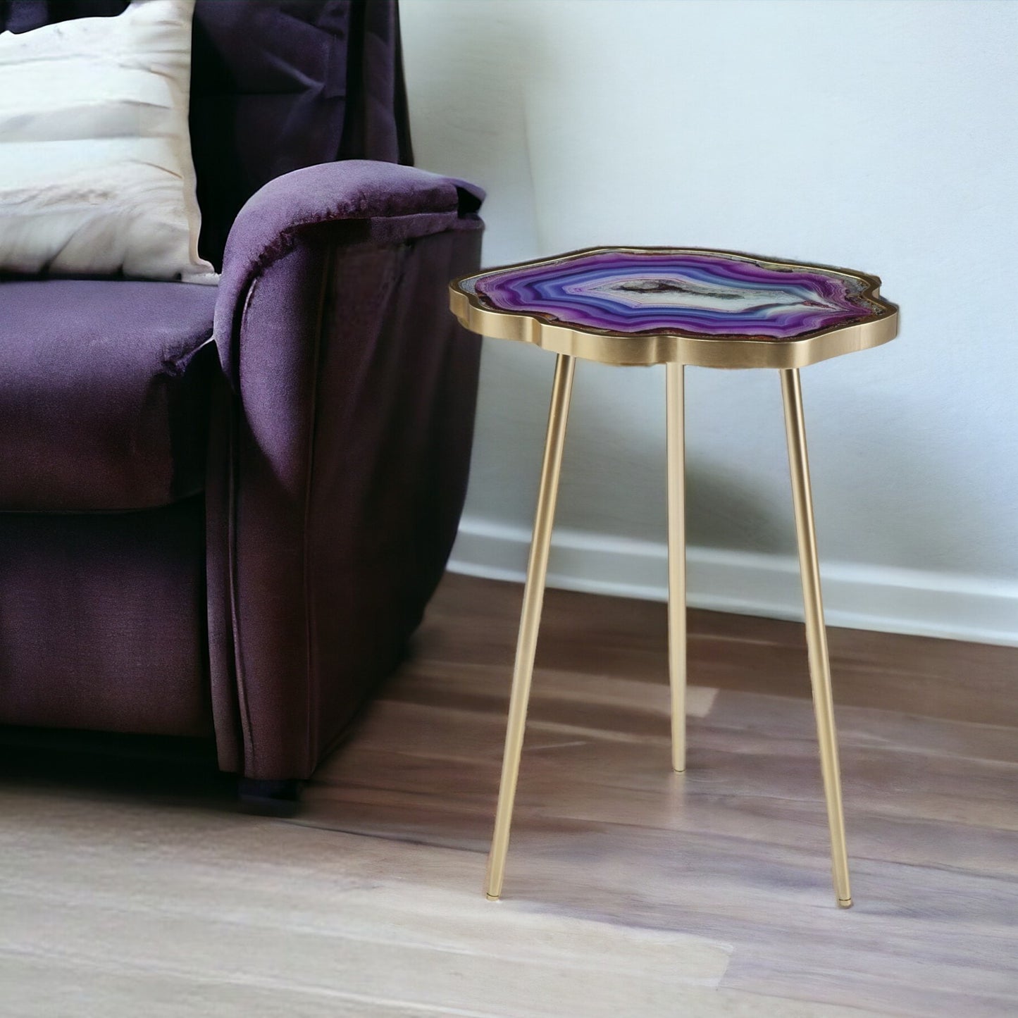 24" Gold And Shades Of Violet Faux Agate End Table