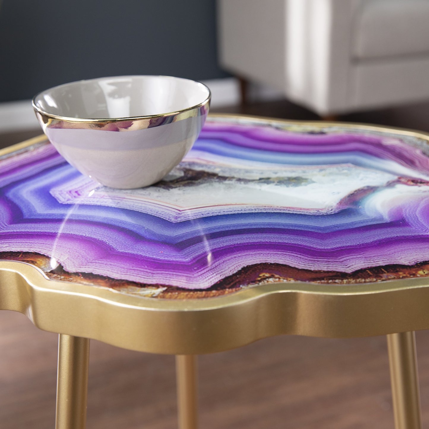 24" Gold And Shades Of Violet Faux Agate End Table