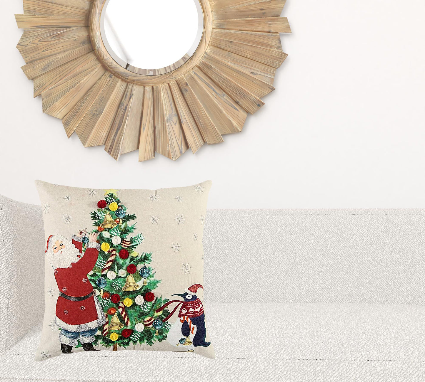 Ivory Vintage Santa and Penguin Christmas Throw Pillow