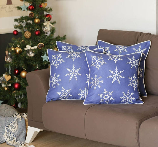 Set of 4 Blue and White Snowflakes Throw Pillows