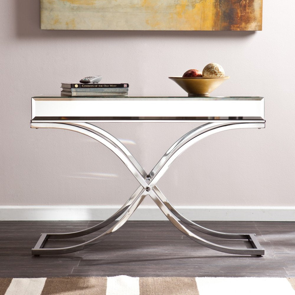 42" Silver Mirrored Glass and Metal Cross Leg Console Table