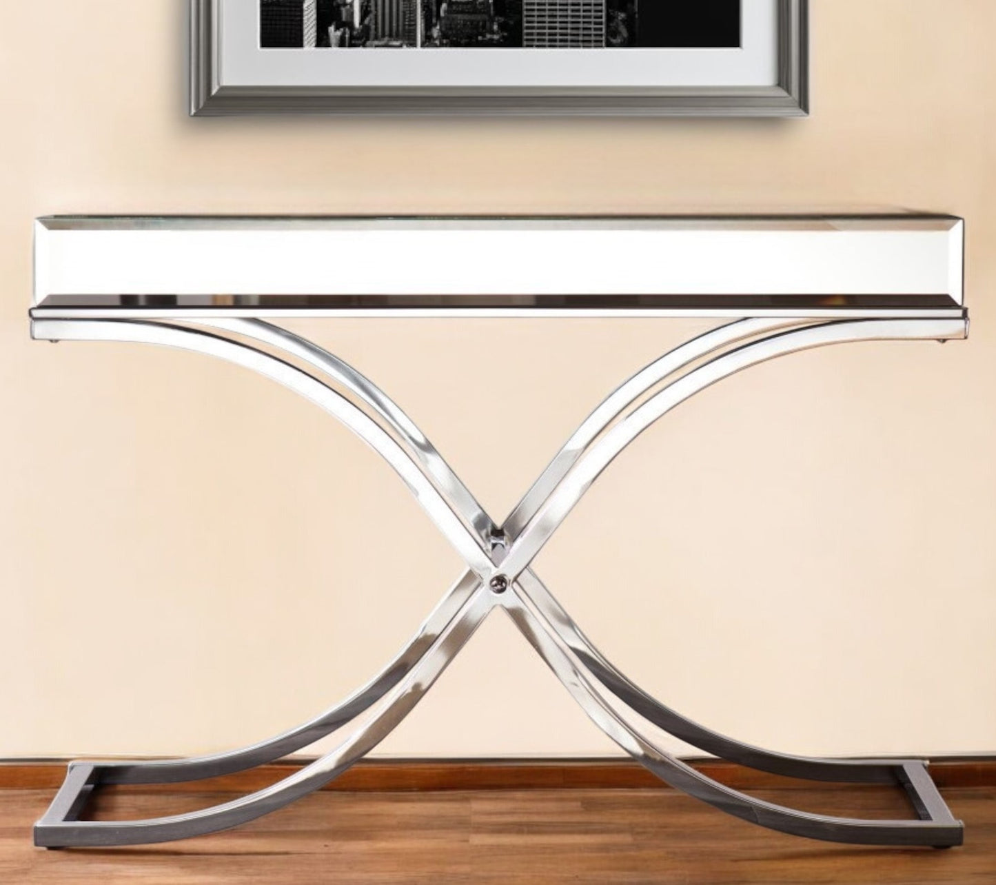 42" Silver Mirrored Glass Cross Leg Console Table