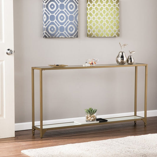 56" Clear and Gold Glass Mirrored Frame Console Table With Shelves