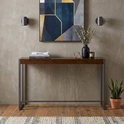 54" Dark Brown and Gunmetal Wood and Metal Sled Console Table