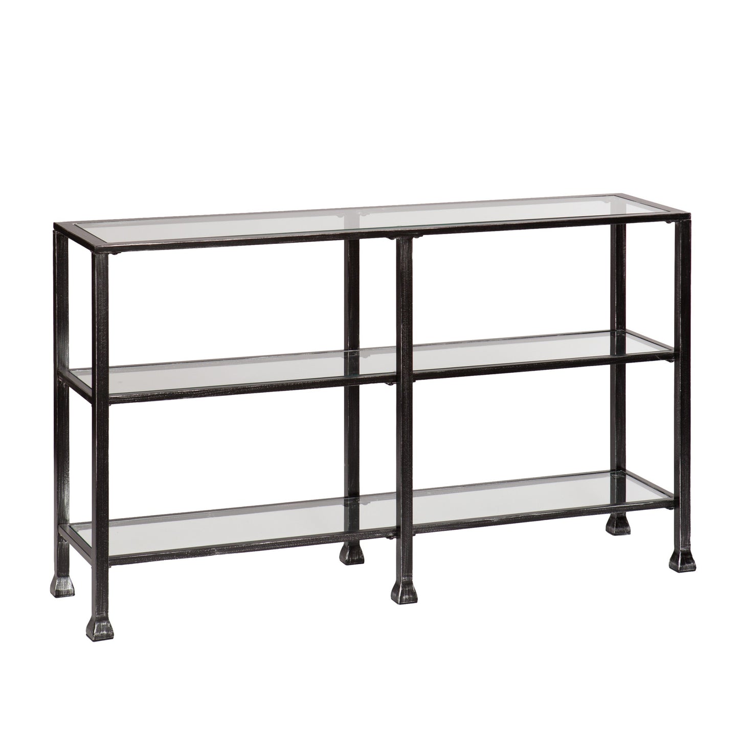 49" Clear and Black Glass Distressed Floor Shelf Console Table With Storage