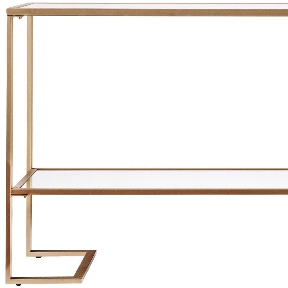 52" Clear and Gold Mirrored Glass and Metal Sled Console Table With Shelf