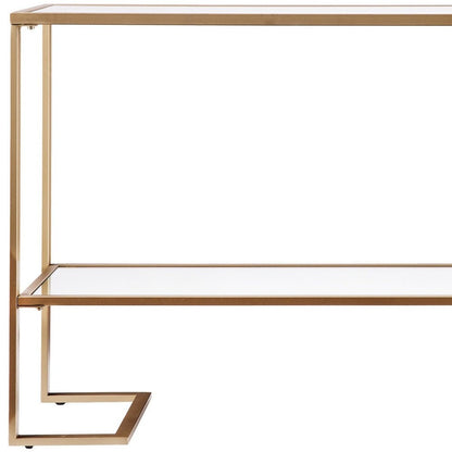 52" Clear and Gold Mirrored Glass and Metal Sled Console Table With Shelf