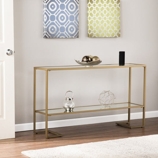 52" Clear and Gold Glass Mirrored Sled Console Table With Shelves