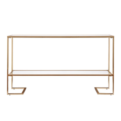 52" Clear and Gold Mirrored Glass and Metal Sled Console Table With Shelf