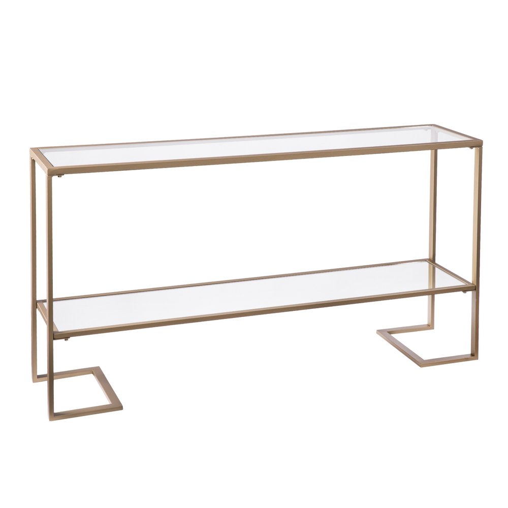 52" Clear and Gold Glass Mirrored Sled Console Table With Shelves