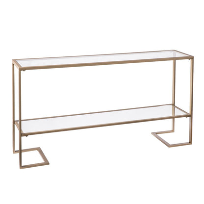 52" Clear and Gold Glass Mirrored Sled Console Table With Shelves