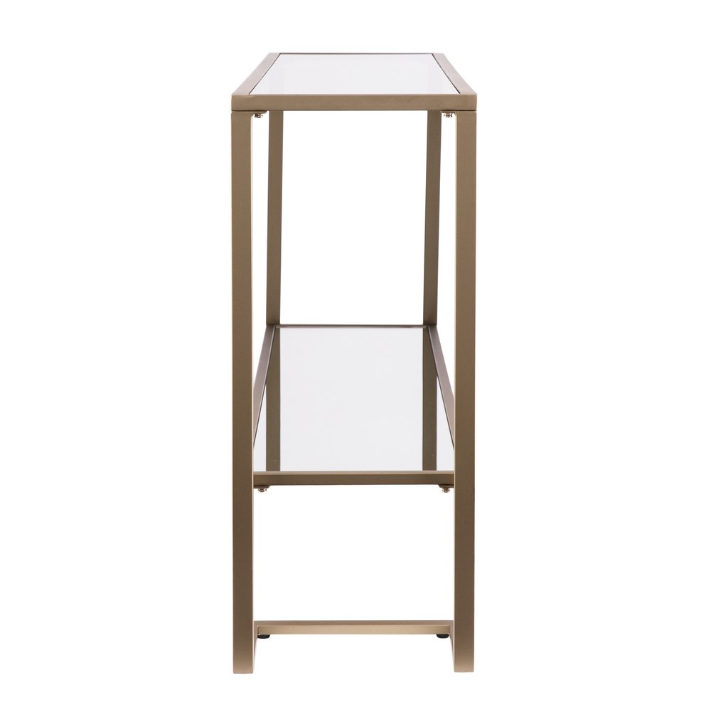 52" Clear and Gold Mirrored Glass and Metal Sled Console Table With Shelf