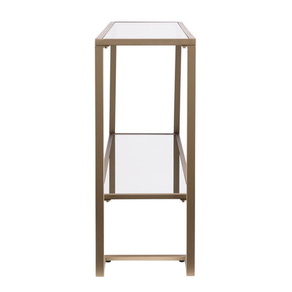 52" Clear and Gold Mirrored Glass and Metal Sled Console Table With Shelf