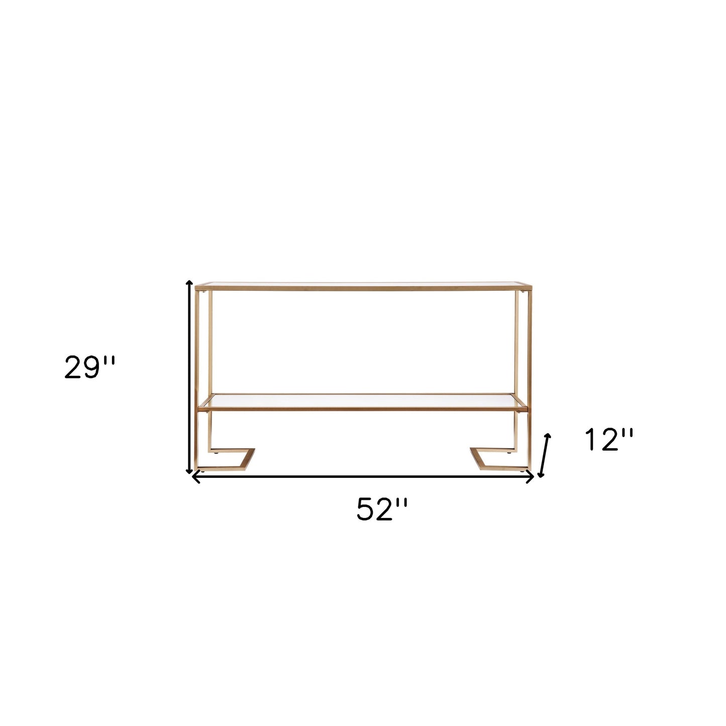 52" Clear and Gold Glass Mirrored Sled Console Table With Shelves