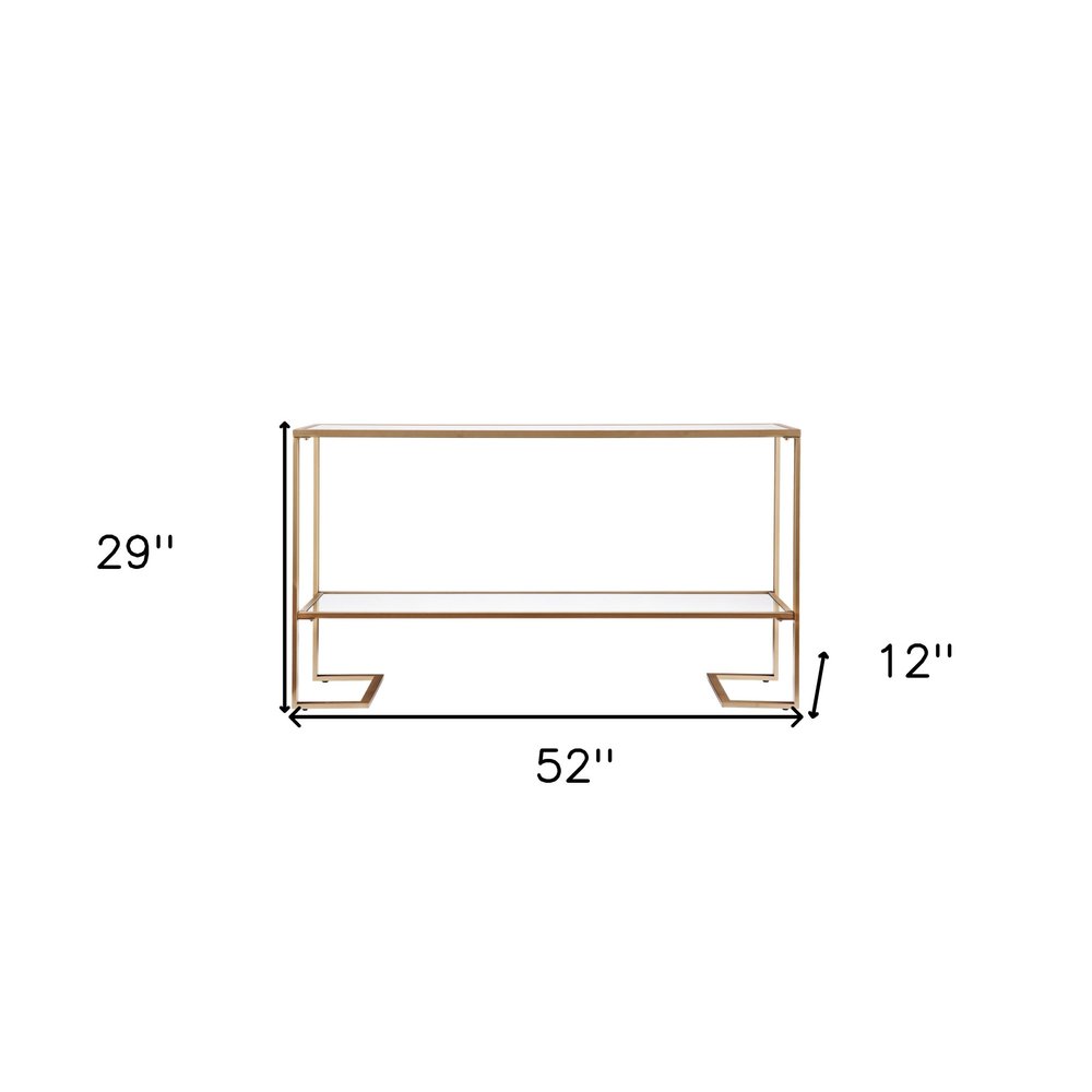 52" Clear and Gold Mirrored Glass and Metal Sled Console Table With Shelf